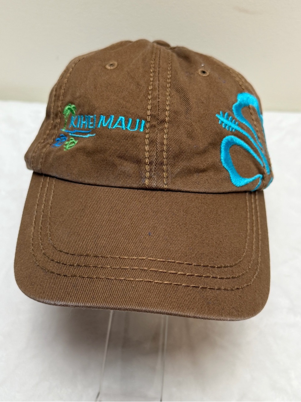 Kihei Maui Brown Embroidered Baseball Cap Hawaiian Hibiscus Adjustable Hat